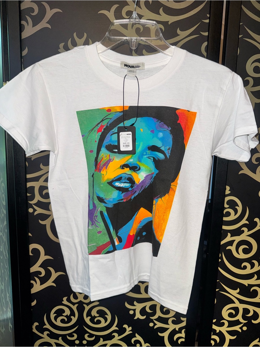 Fashion Nova White Tee with Vibrant Multicolor Portrait